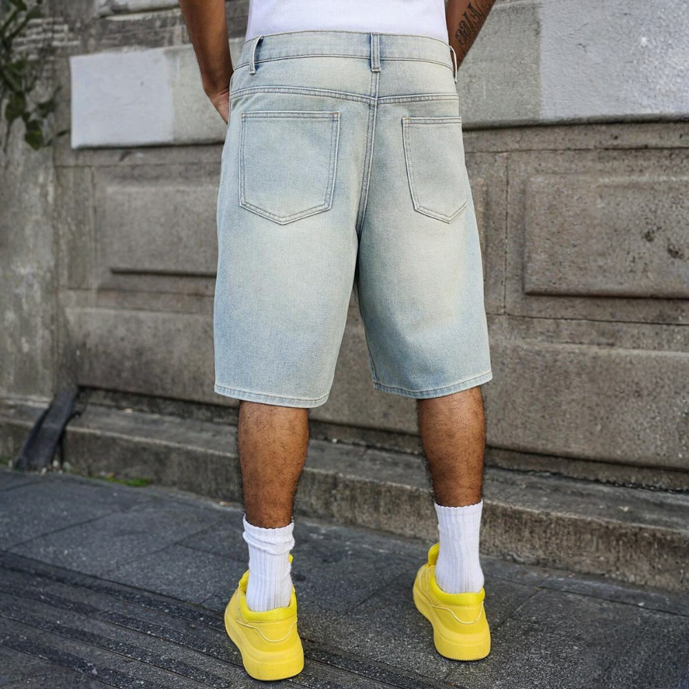 Loose Fit Vintage Washed Denim Jorts For Men