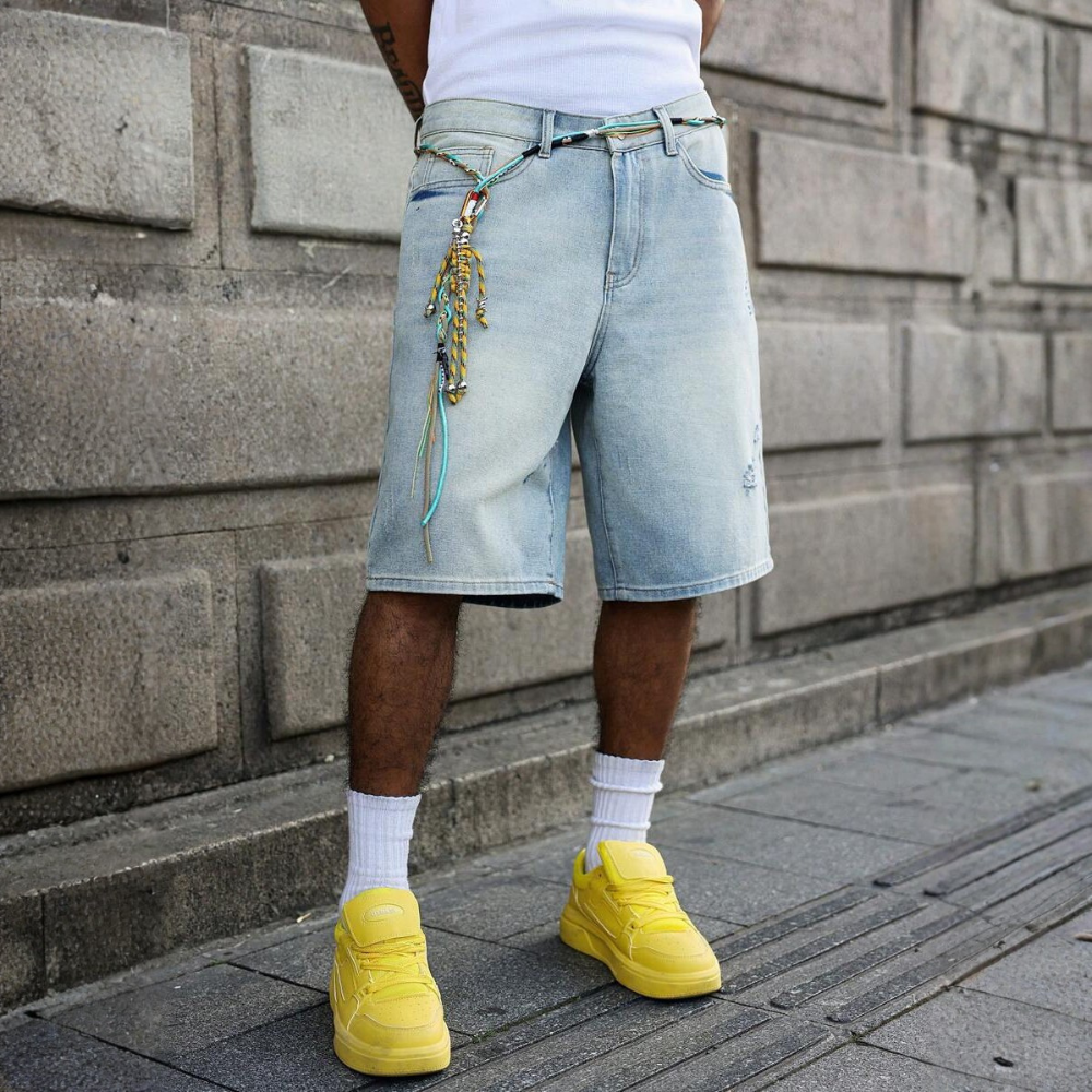 Loose Fit Vintage Washed Denim Jorts For Men