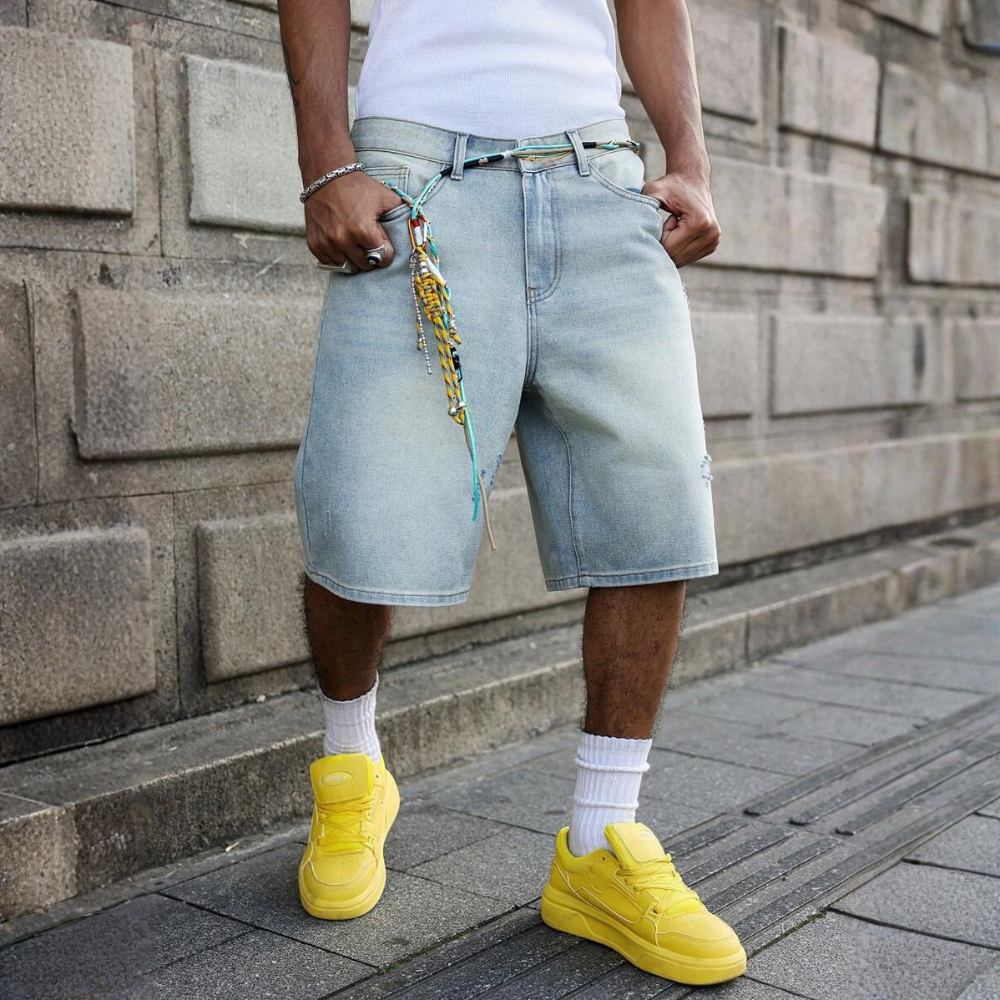 Loose Fit Vintage Washed Denim Jorts For Men