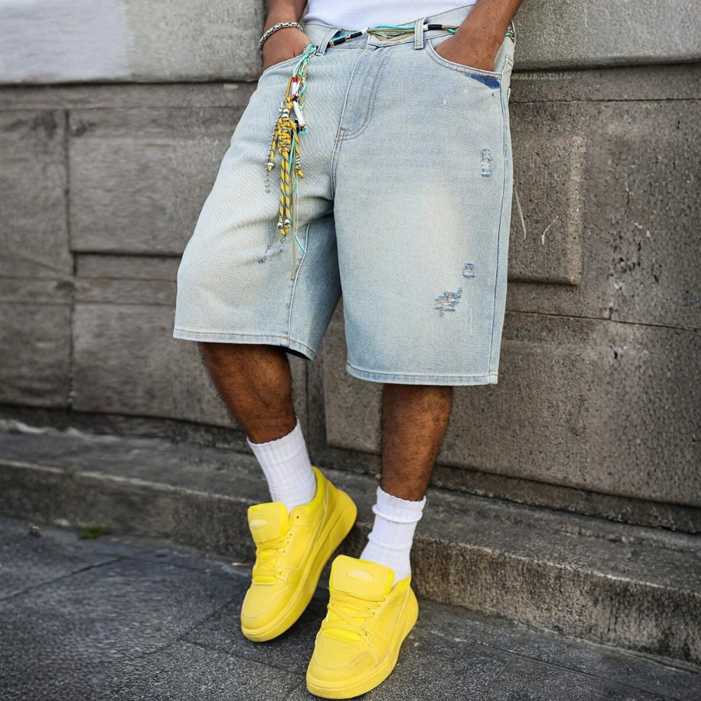 Loose Fit Vintage Washed Denim Jorts For Men