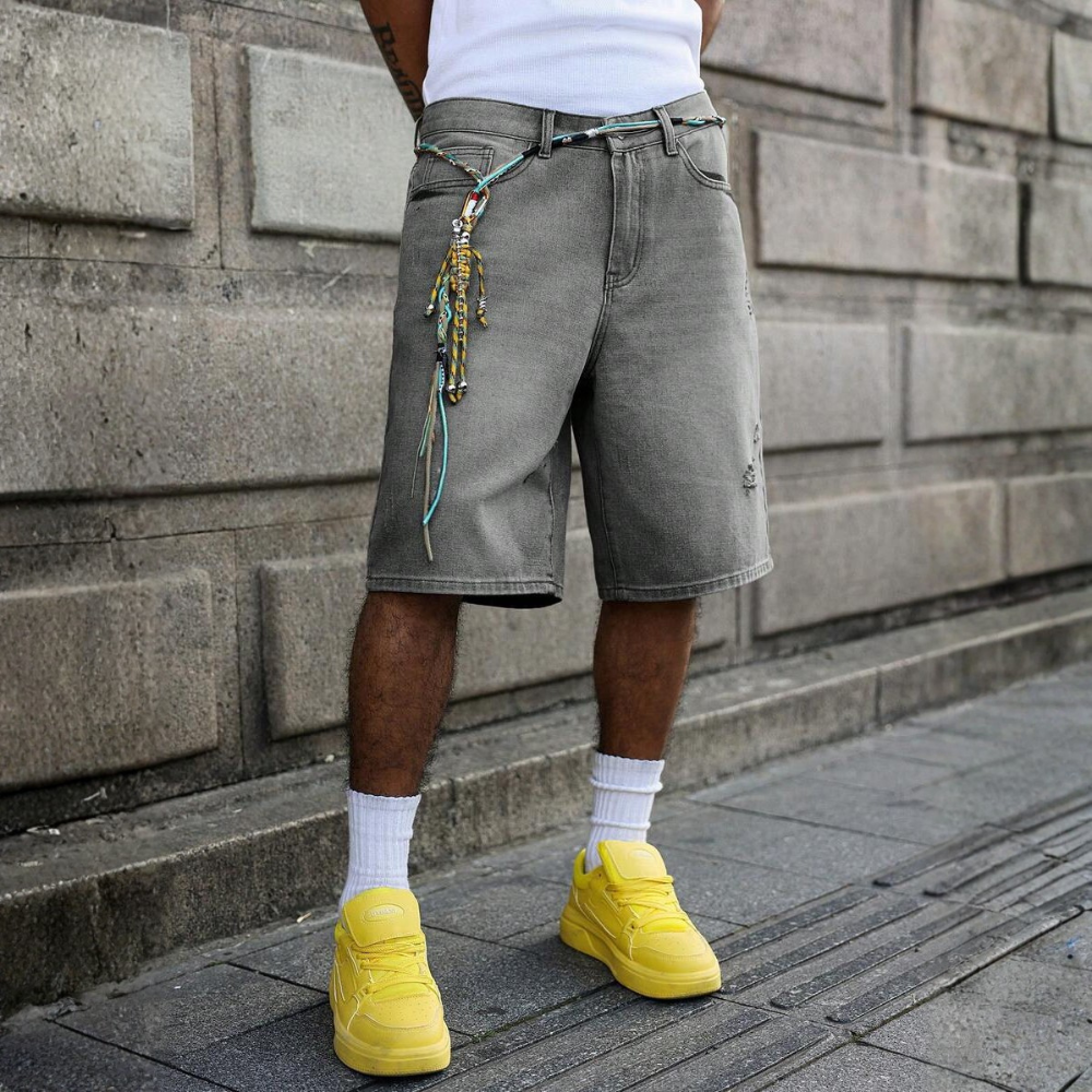 Loose Fit Vintage Washed Denim Jorts For Men