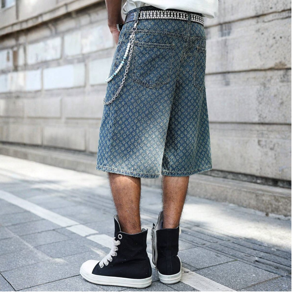 Loose Fit Vintage Washed Denim Jorts For Men