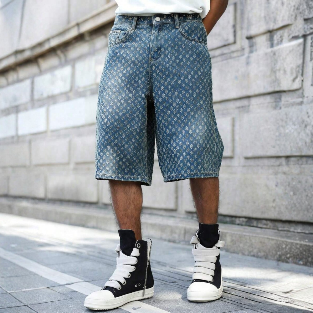 Loose Fit Vintage Washed Denim Jorts For Men