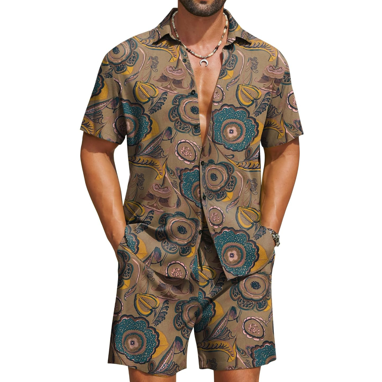 2 Pieces Hawaiian Vacation Button Down Shirt And Short Matching Outfit Set For Men