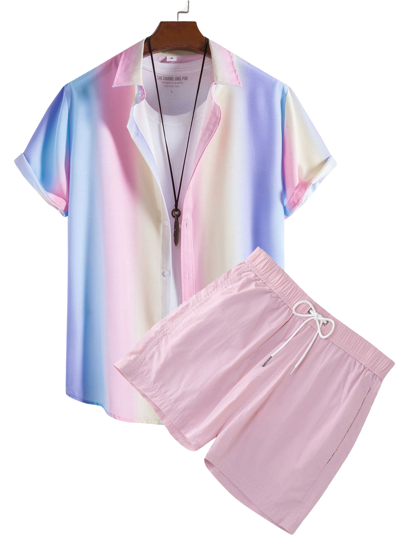 Gradient Color Print Shirt And Short Length Swim Shorts-Vacay Outfit