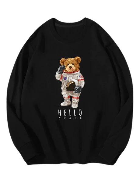 Astronaut Bear Print Cotton Sweatshirt-Vacay Outfit