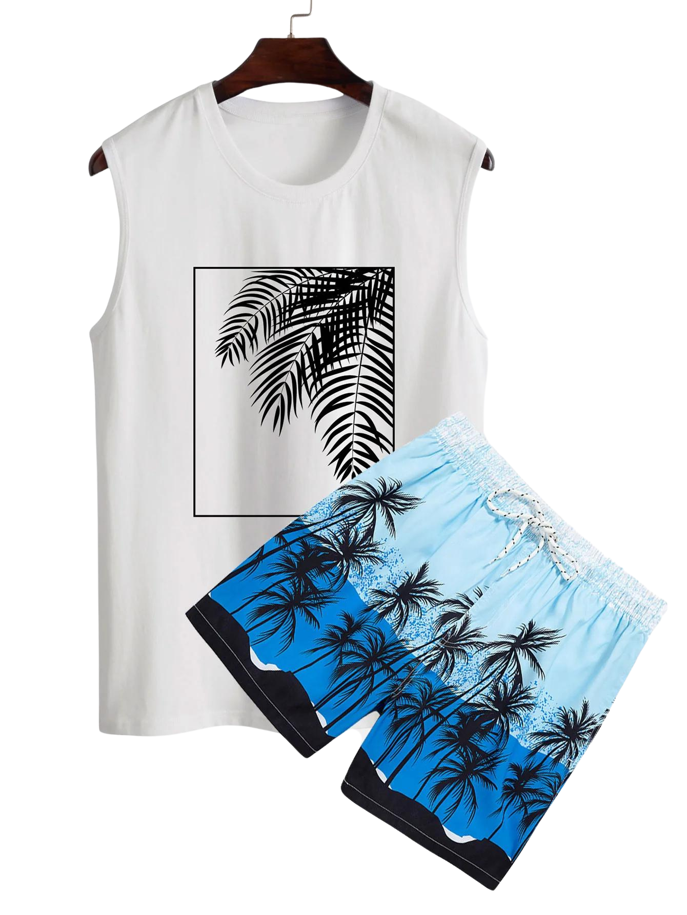 Palm Leaf Print Tank Top And Shorts-Vacay Outfit