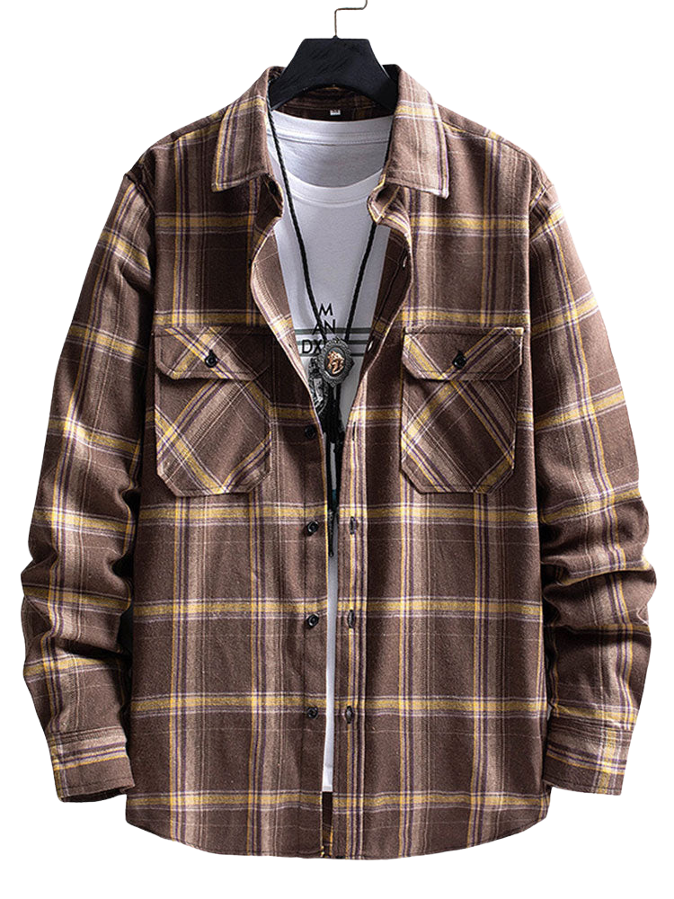Double Patch Pockets Plaid Shirt-Vacay Outfit