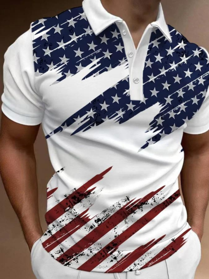 Retro Flag Print Casual Polo Shirt-Vacay Outfit