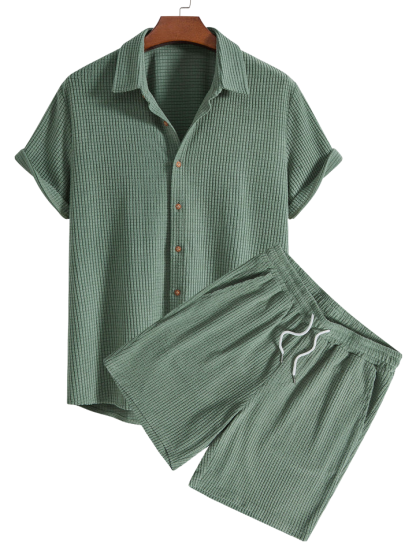Waffle Button Up Shirt And Shorts-Vacay Outfit