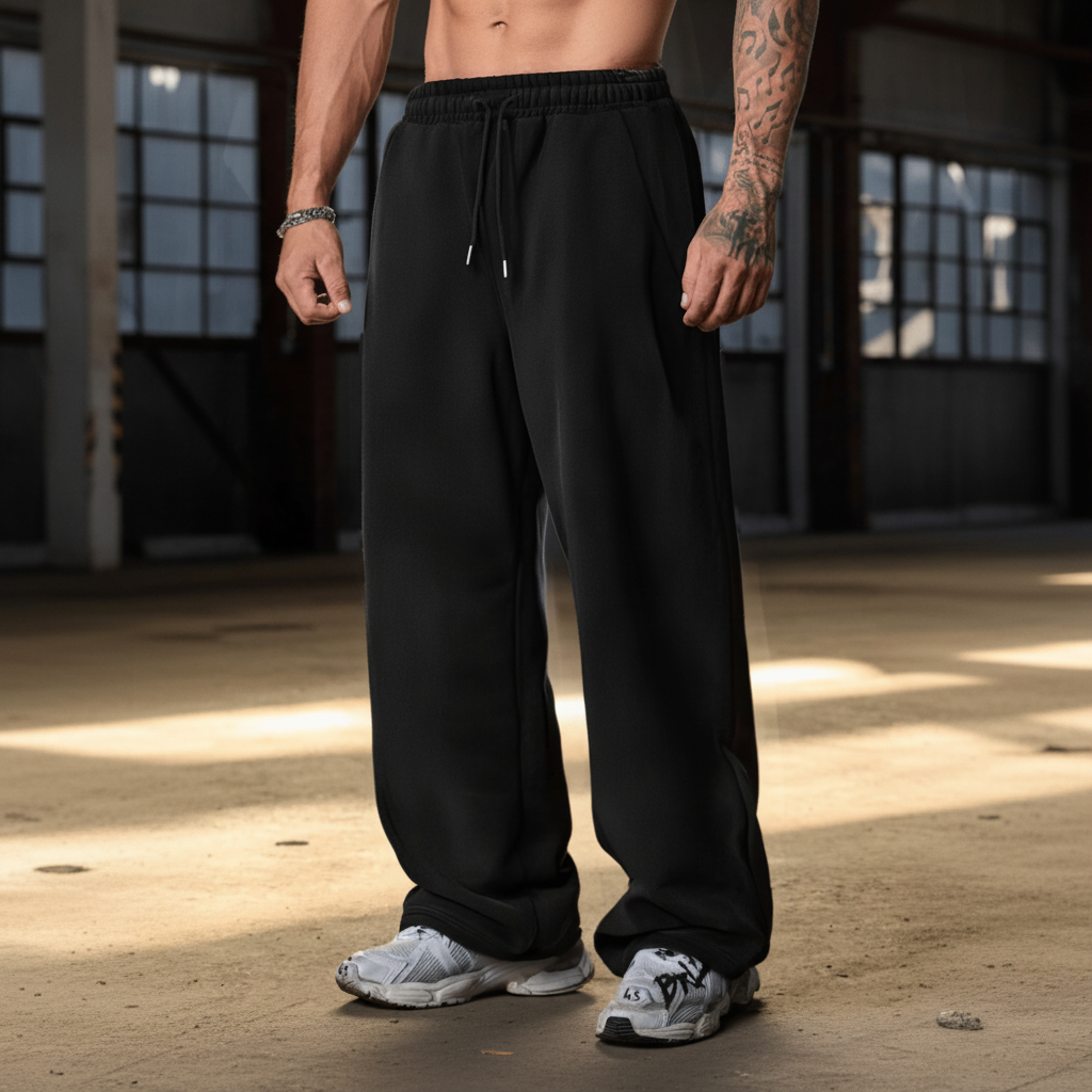 Solid Color Loose Fit Cotton Blend Straight Sweatpants