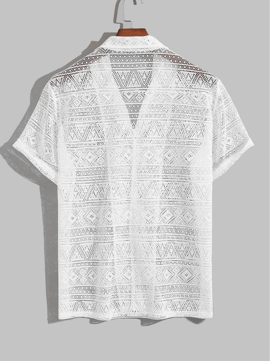 Vintage Style Cuban Collar Crochet Shirt-Vacay Outfit