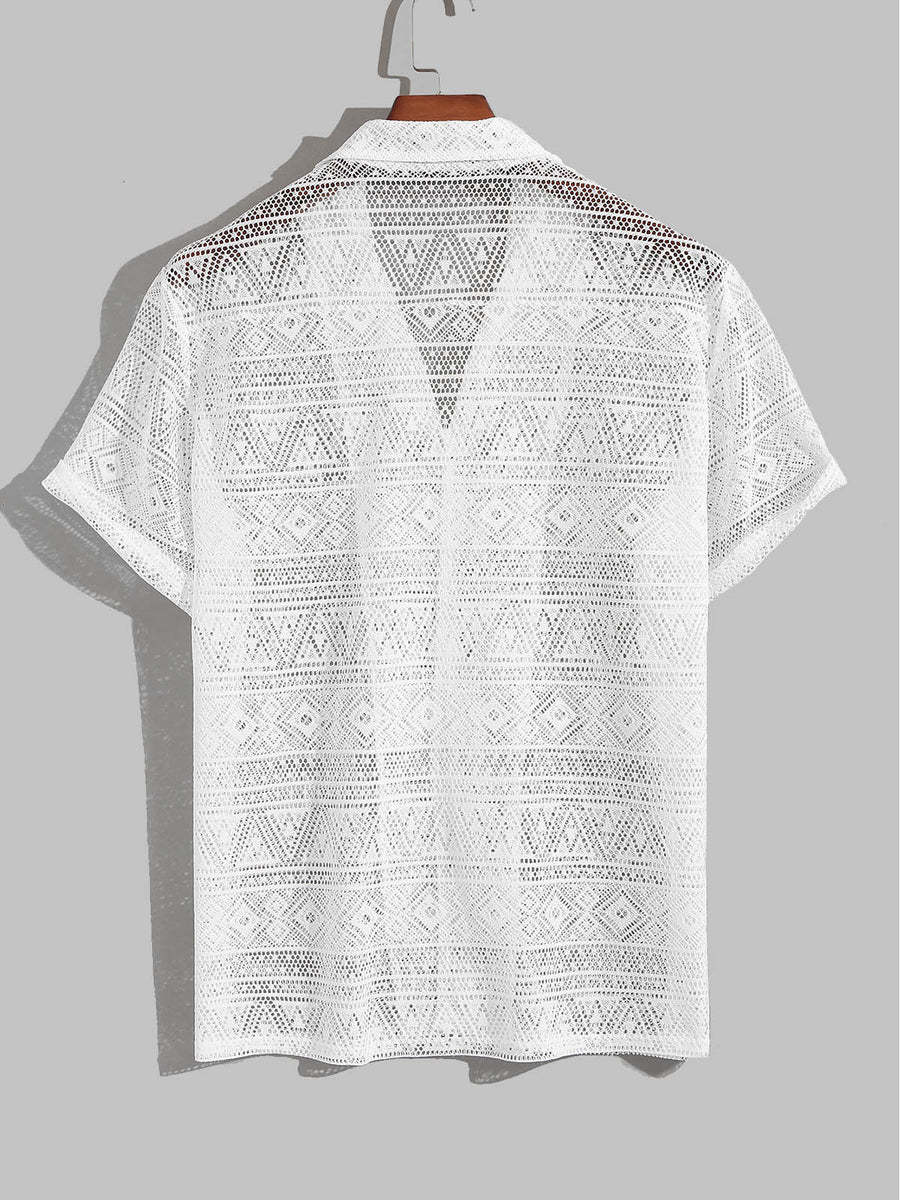 Vintage Style Cuban Collar Crochet Shirt-Vacay Outfit