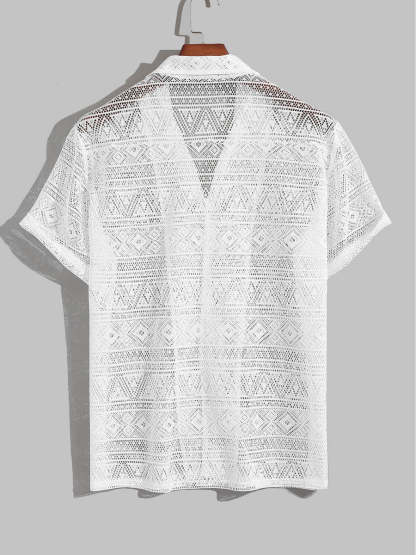 Vintage Style Cuban Collar Crochet Shirt-Vacay Outfit