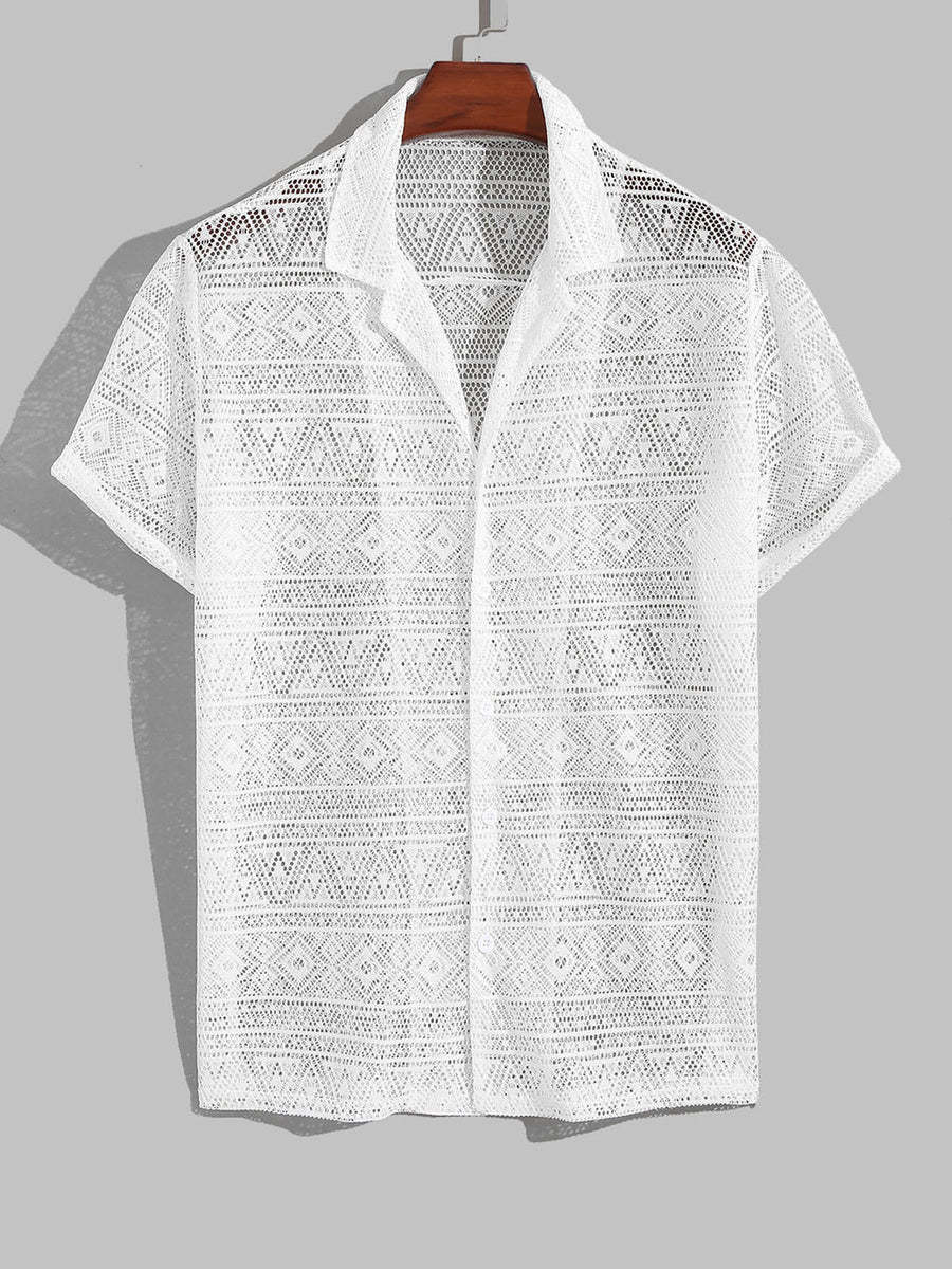 Vintage Style Cuban Collar Crochet Shirt-Vacay Outfit