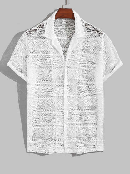 Vintage Style Cuban Collar Crochet Shirt-Vacay Outfit