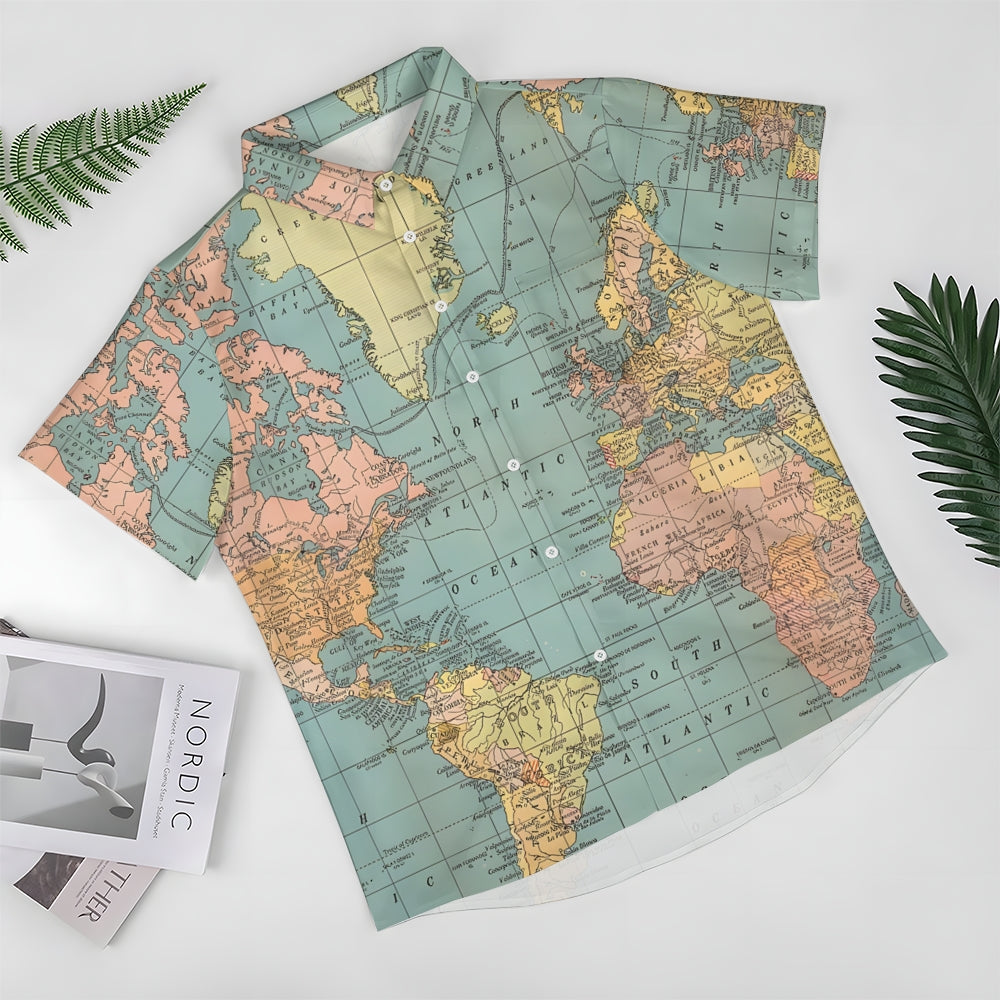 Vintage World Map Print Short Sleeve Shirt-Vacay Outfit