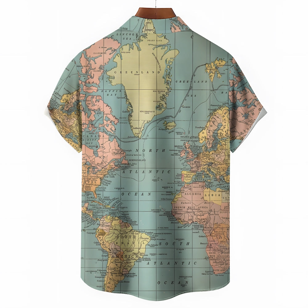 Vintage World Map Print Short Sleeve Shirt-Vacay Outfit