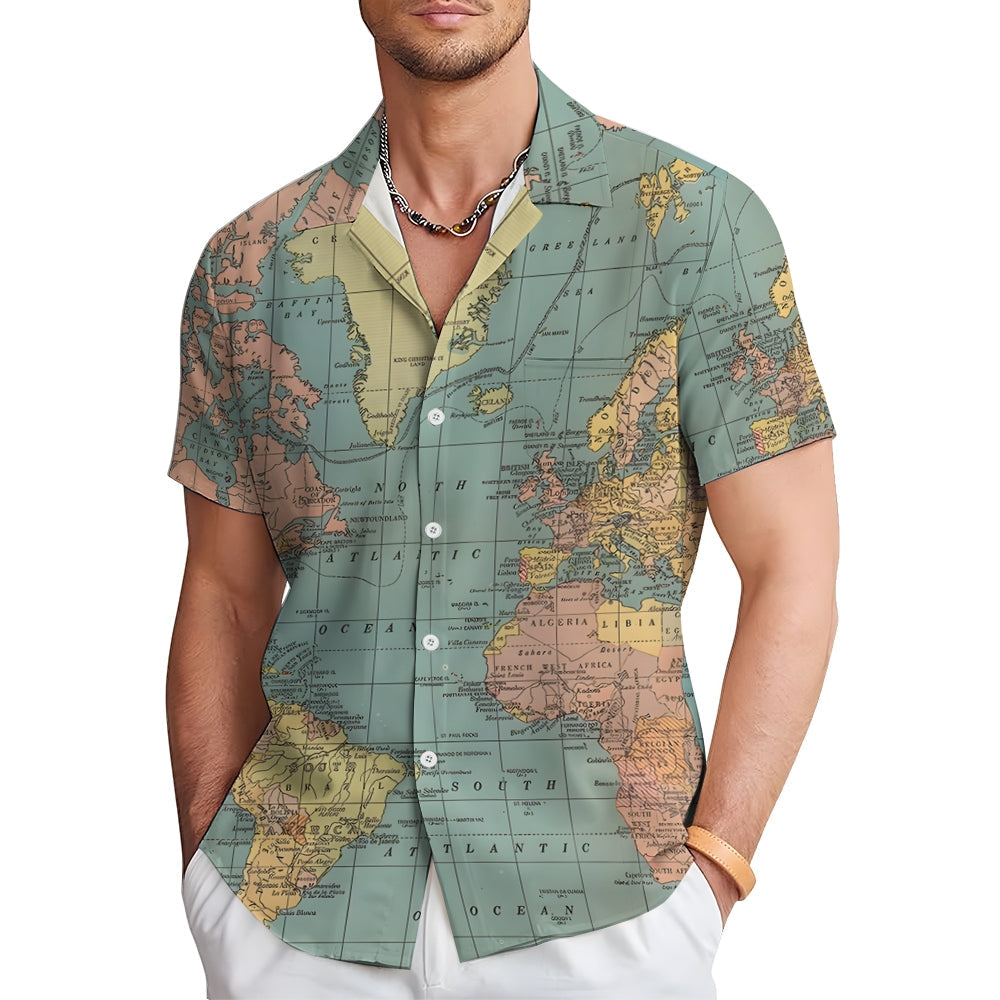 Vintage World Map Print Short Sleeve Shirt-Vacay Outfit