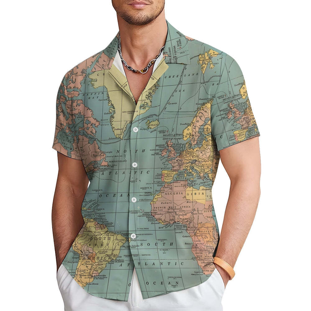 Vintage World Map Print Short Sleeve Shirt-Vacay Outfit