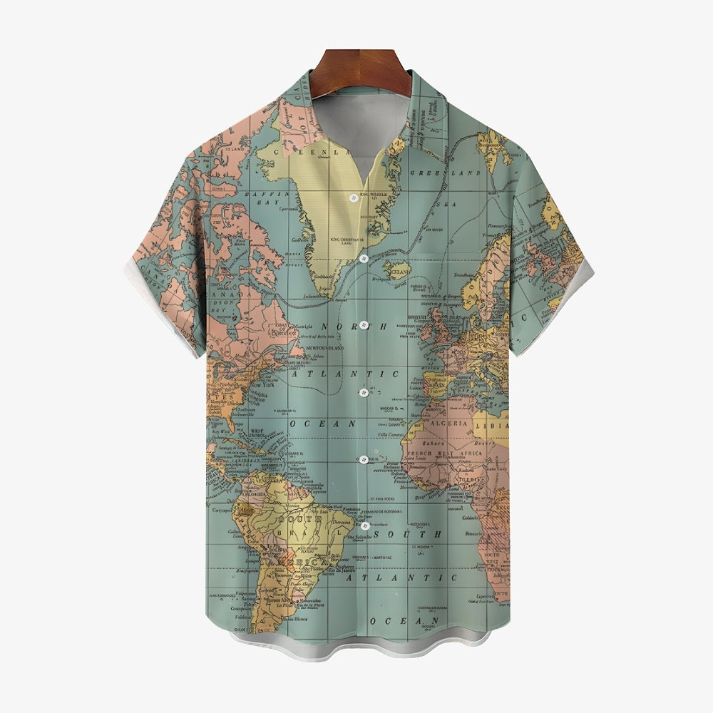 Vintage World Map Print Short Sleeve Shirt-Vacay Outfit