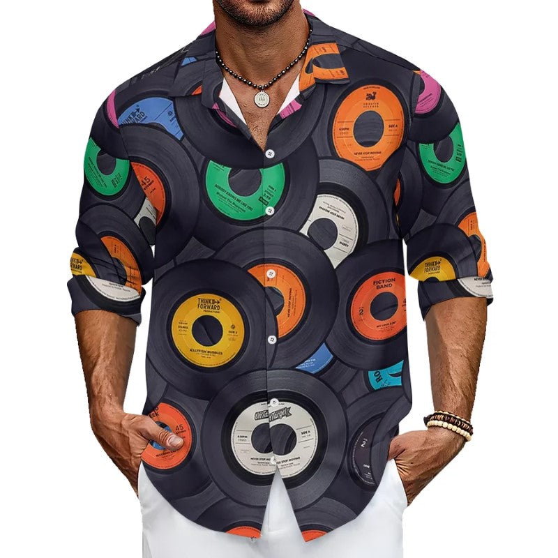 Vinyl Records Casual Printed Long Sleeve Shirt-Vacay Outfit