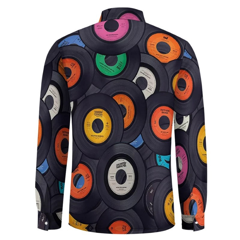 Vinyl Records Casual Printed Long Sleeve Shirt-Vacay Outfit