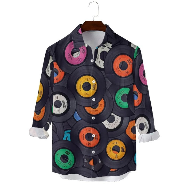 Vinyl Records Casual Printed Long Sleeve Shirt-Vacay Outfit