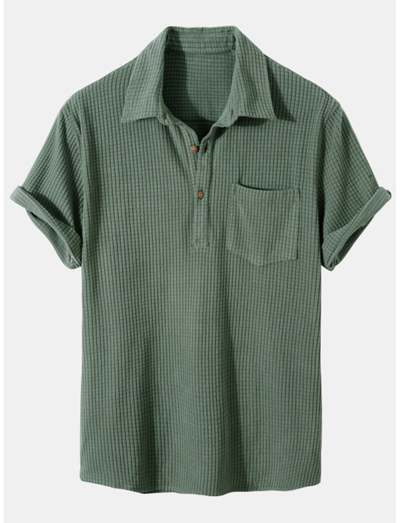 Waffle Knit Lapel Henley Shirt-Vacay Outfit