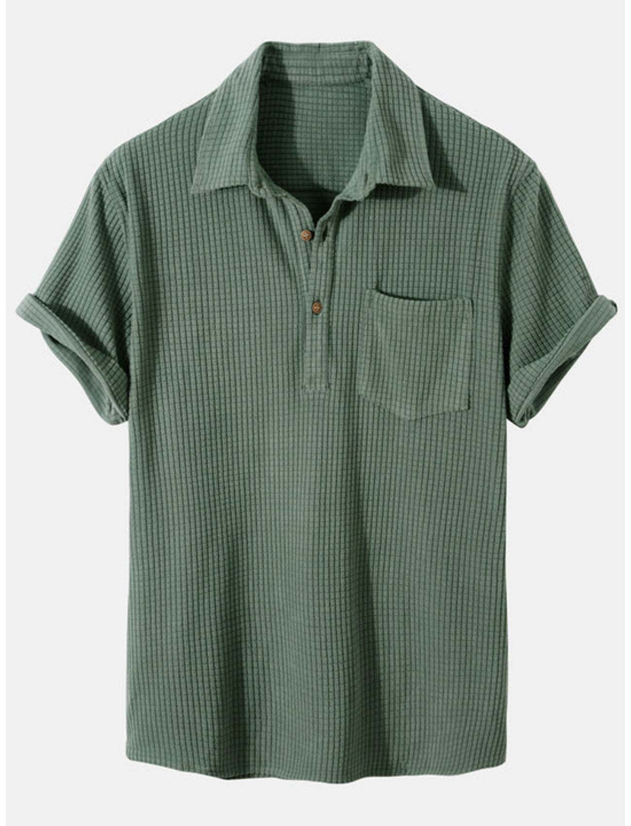 Waffle Knit Lapel Henley Shirt-Vacay Outfit