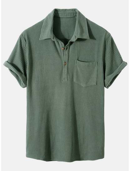 Waffle Knit Lapel Henley Shirt-Vacay Outfit