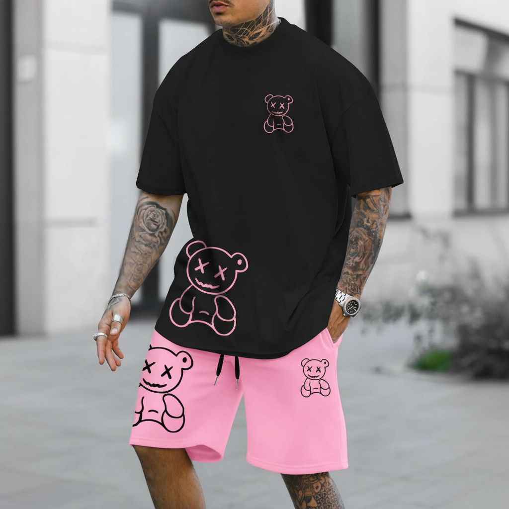 Cartoon Bear Printed Short Sleeve T Shirt And Drawstring Shorts Set For Men