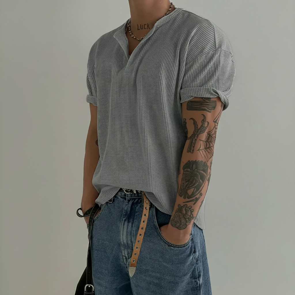 Henry Collar Waffle Knit Short Sleeve T Shirt For Men