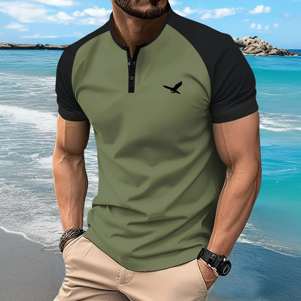 American Style Print Henley Short Sleeve T Shirt With Shorts For Men