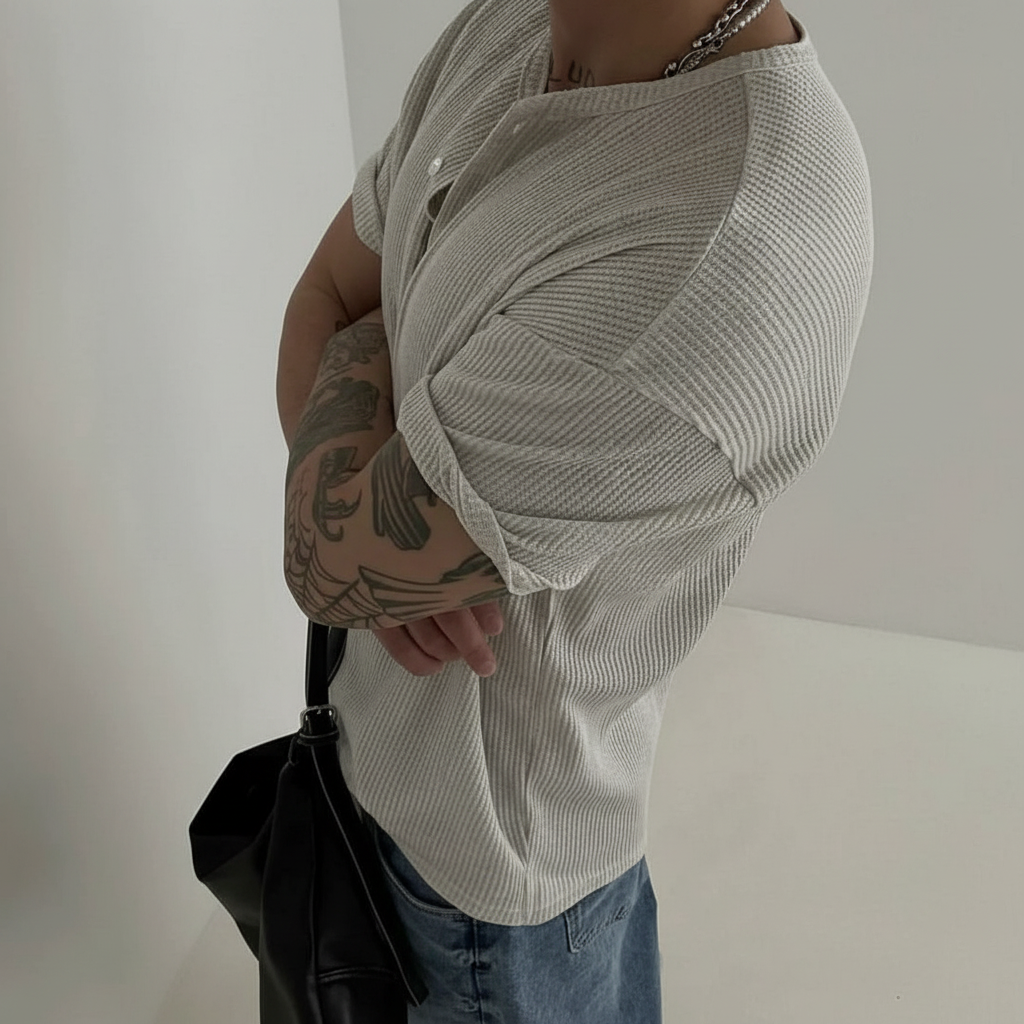 Henry Collar Waffle Knit Short Sleeve T Shirt For Men