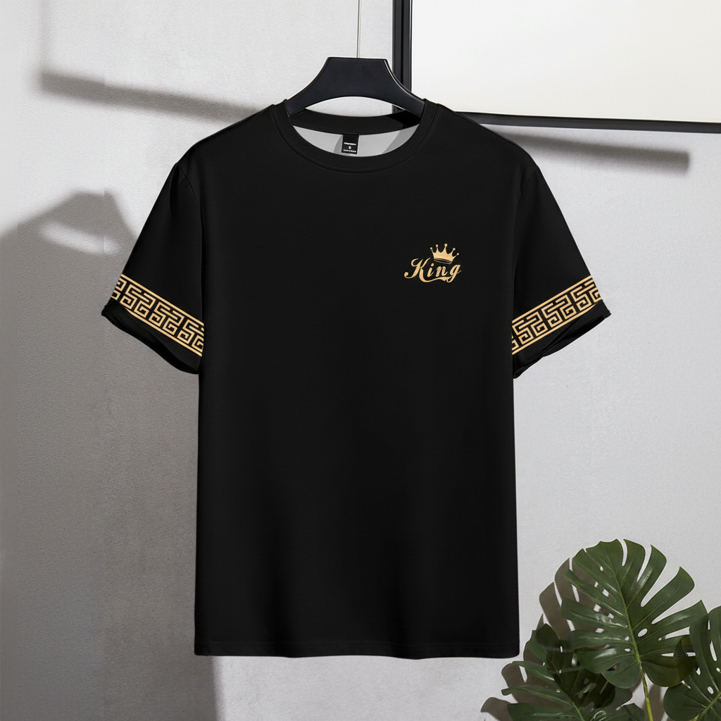 Crown Lion Print Round Short Sleeve T Shirt