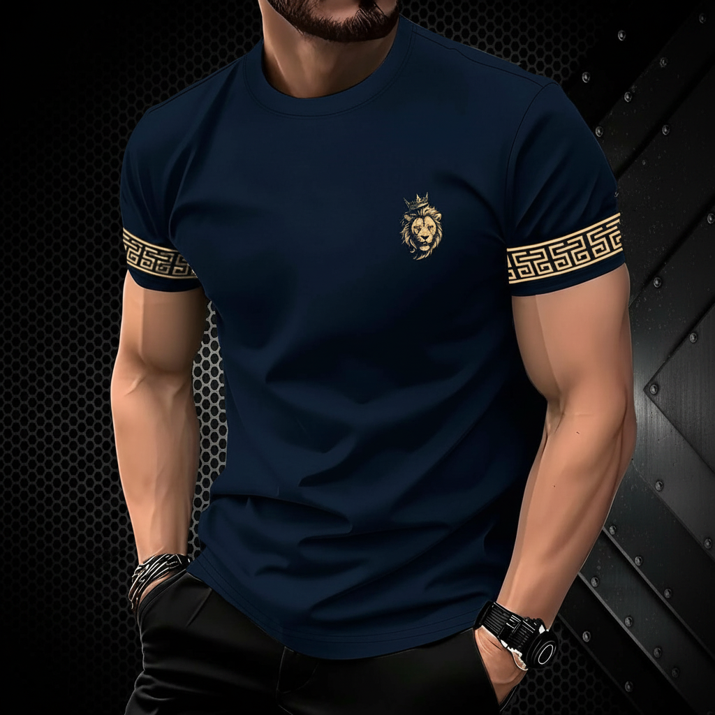 Crown Lion Print Round Short Sleeve T Shirt