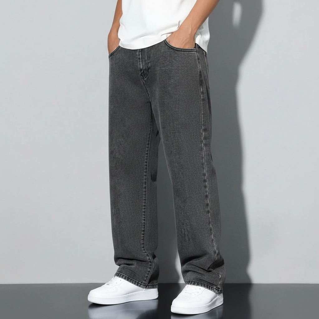 Loose Slant Pocket Washed Baggy Straight Jeans