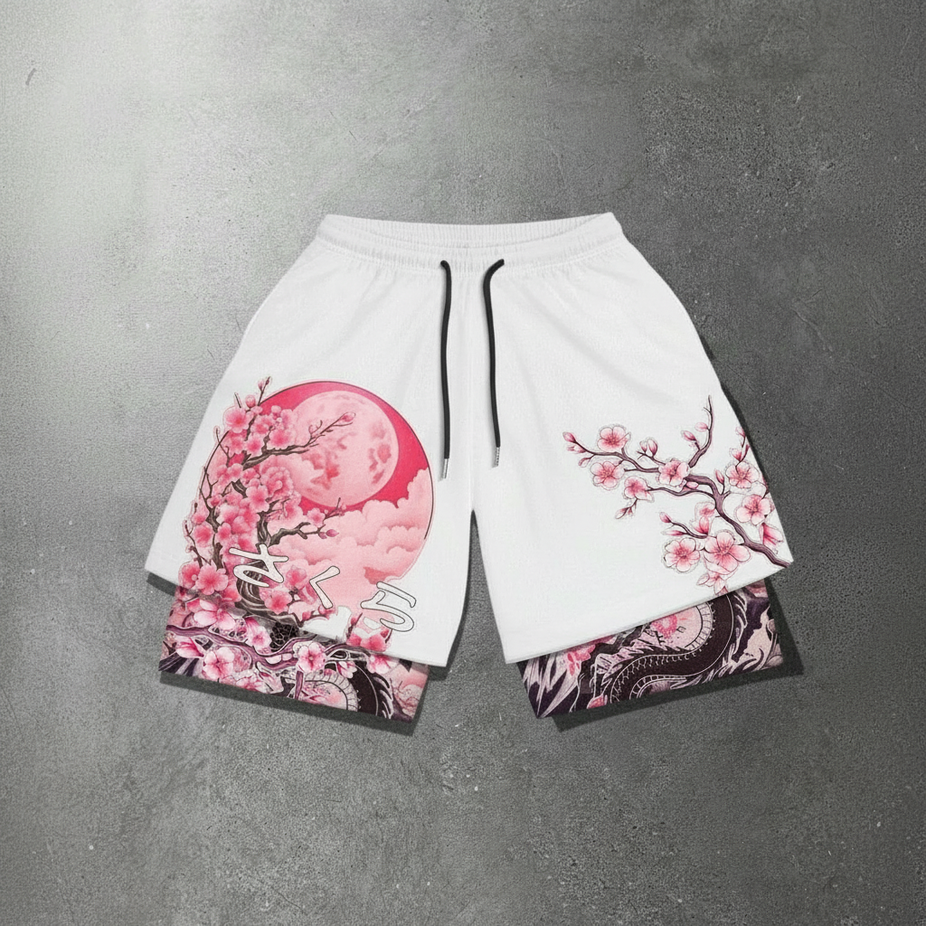 Anime Branch Print Drawstring Double Layer Casual Shorts