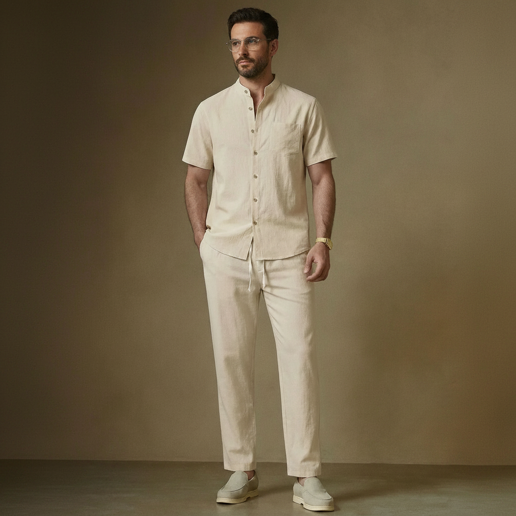 Solid Button Half Placket Short Sleeve Linen Shirt And Pants Set For Men