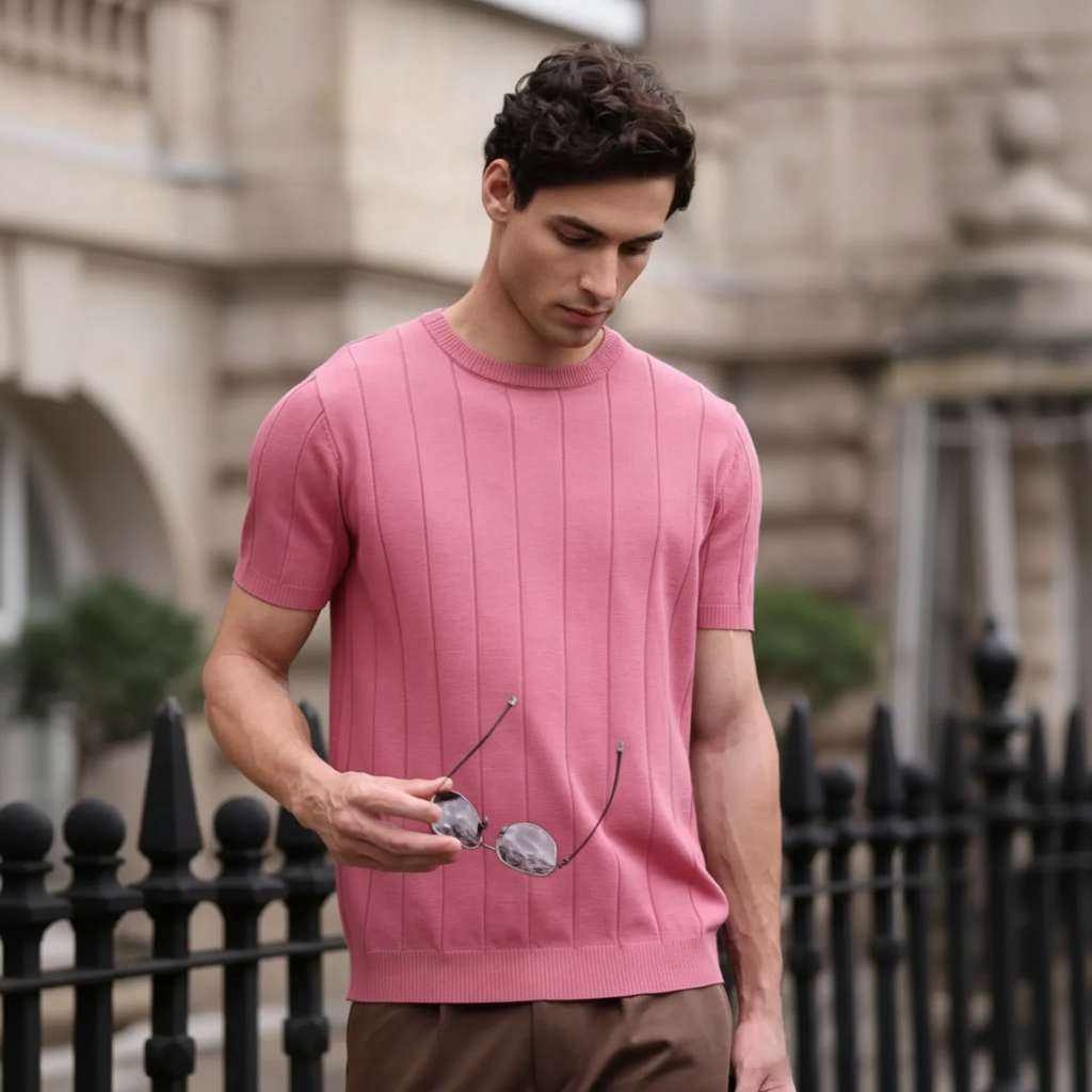 Ribbed Crew Design Short Sleeve Knit Pullover For Men