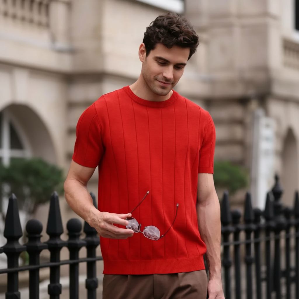 Ribbed Crew Design Short Sleeve Knit Pullover For Men