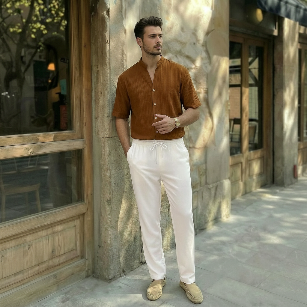 Solid Button Half Placket Short Sleeve Linen Shirt And Pants Set For Men