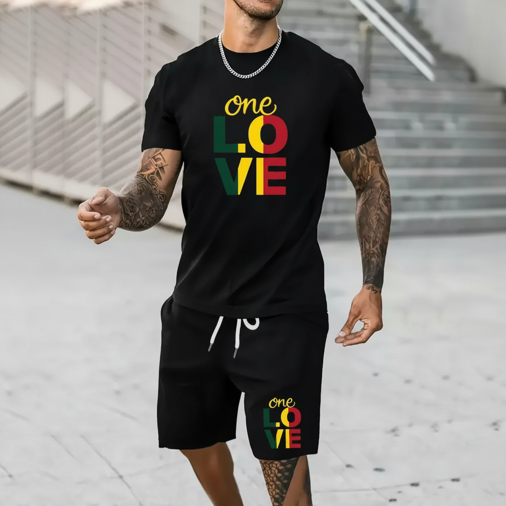Printed Round Short Sleeve T Shirt And Drawstring Shorts