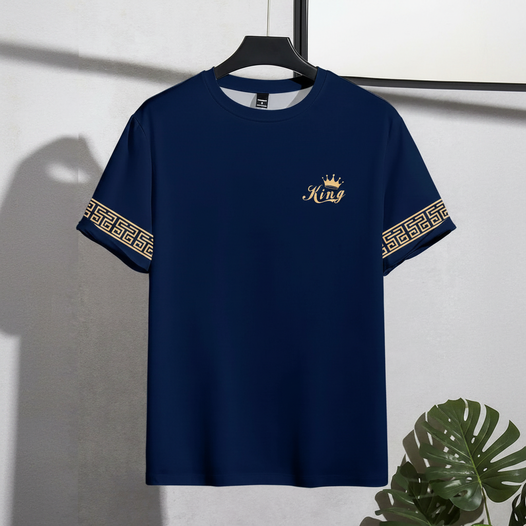 Crown Lion Print Round Short Sleeve T Shirt