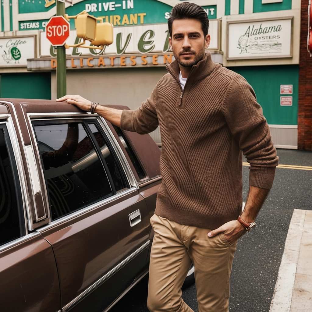 Mens Quarter Zip Pullover Sweaters Casual Slim Fit Knit Texture Sweater