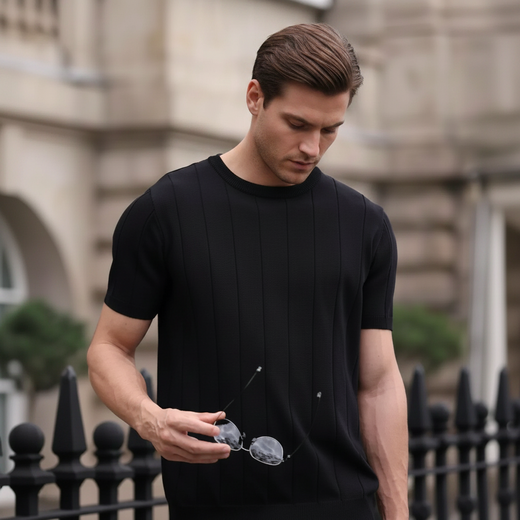 Ribbed Crew Design Short Sleeve Knit Pullover For Men