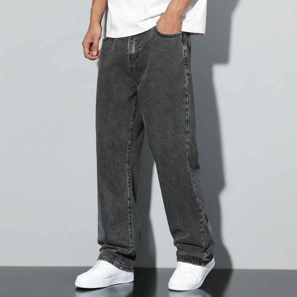 Loose Slant Pocket Washed Baggy Straight Jeans