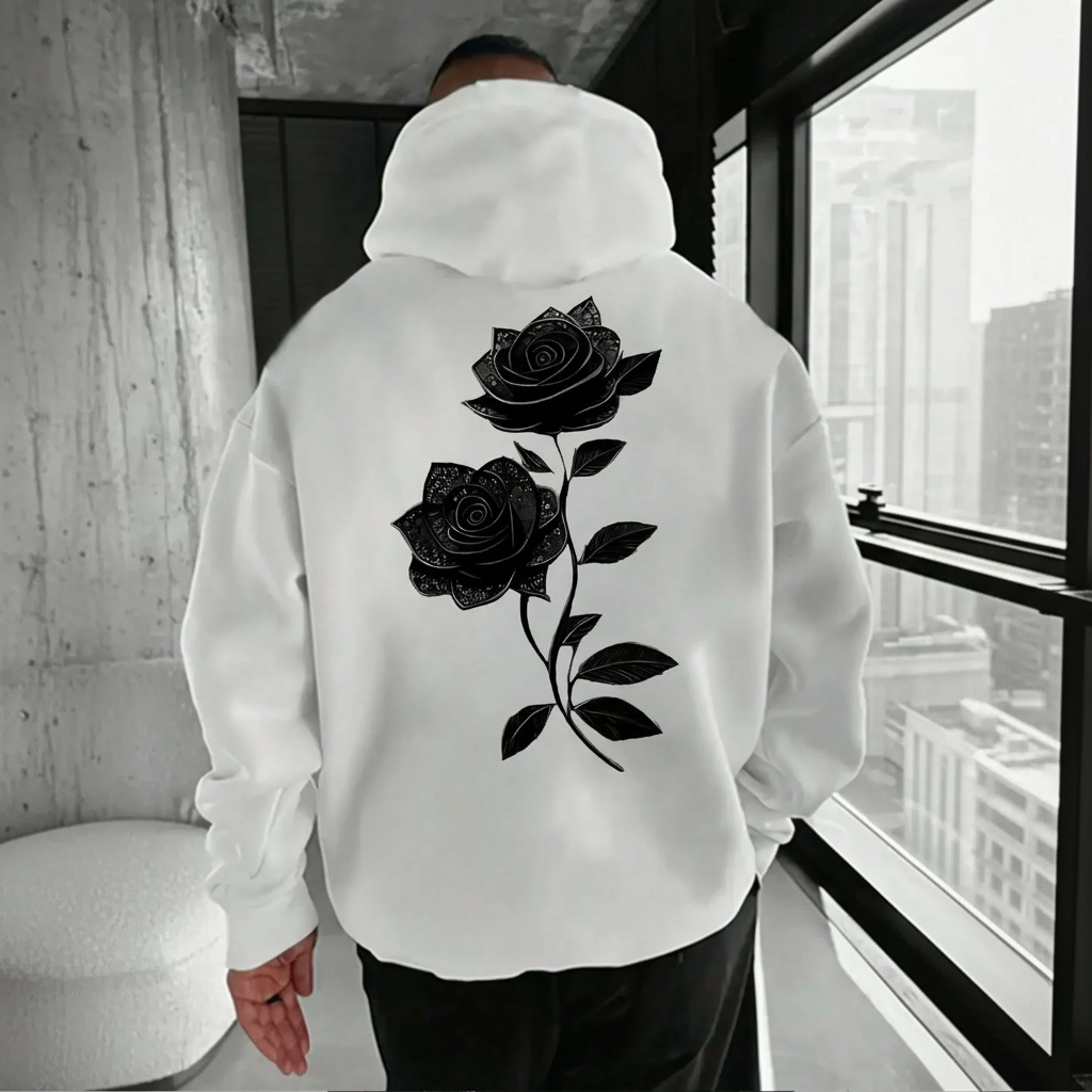 Rose Print Hoodie With Kangaroo Pocket For Men
