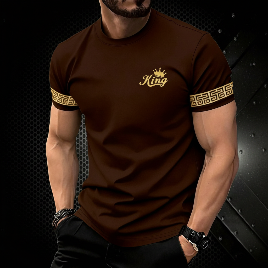 Crown Lion Print Round Short Sleeve T Shirt